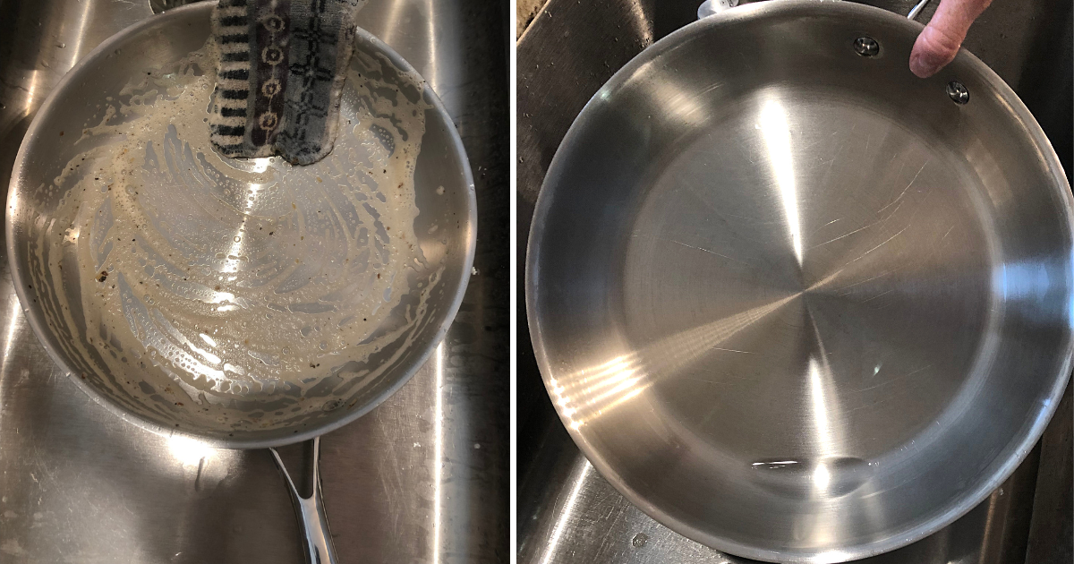 side by side images of dirty pan and clean pan
