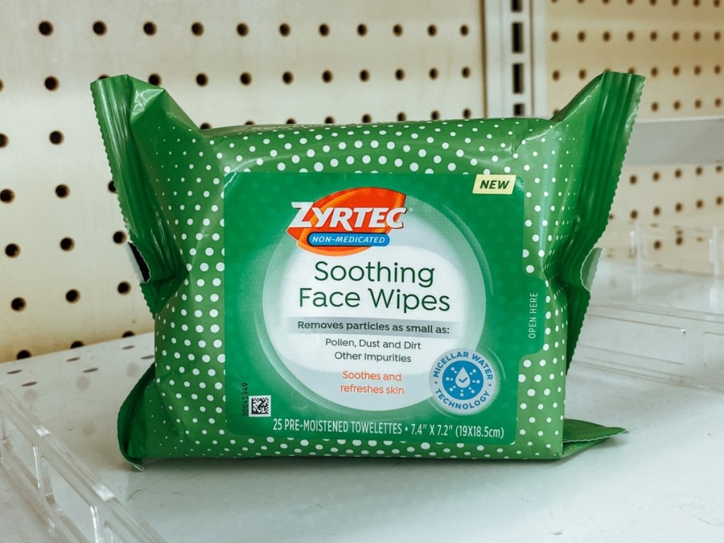 zyrtec soothing face wipes on shelf in store
