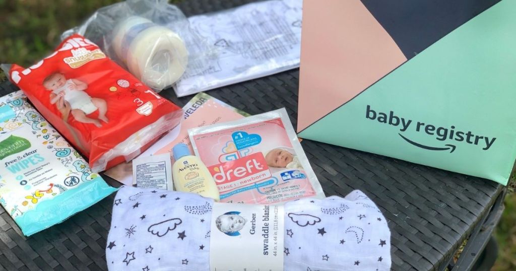 baby products and samples next to Amazon baby registry bag