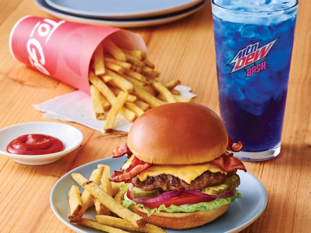 burger, fries, and blue soda