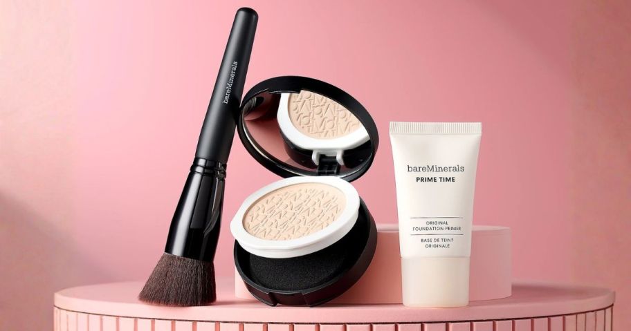 bareMinerals Original Pressed Powder Foundation Primer & Brush on display