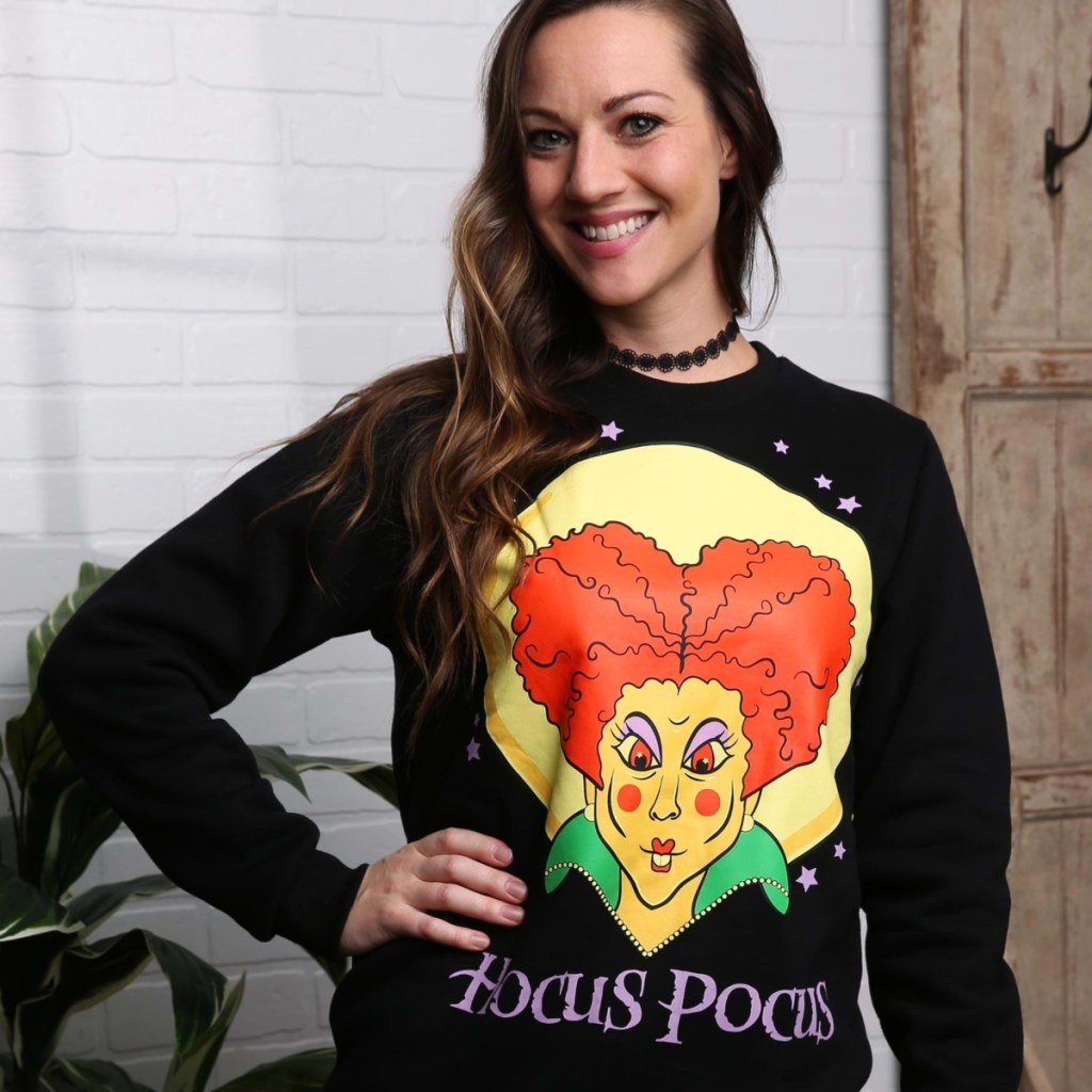woman wearing Hocus Pocus sweater
