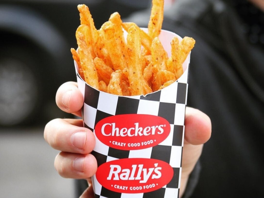 holding fries from Checker's and Rally's