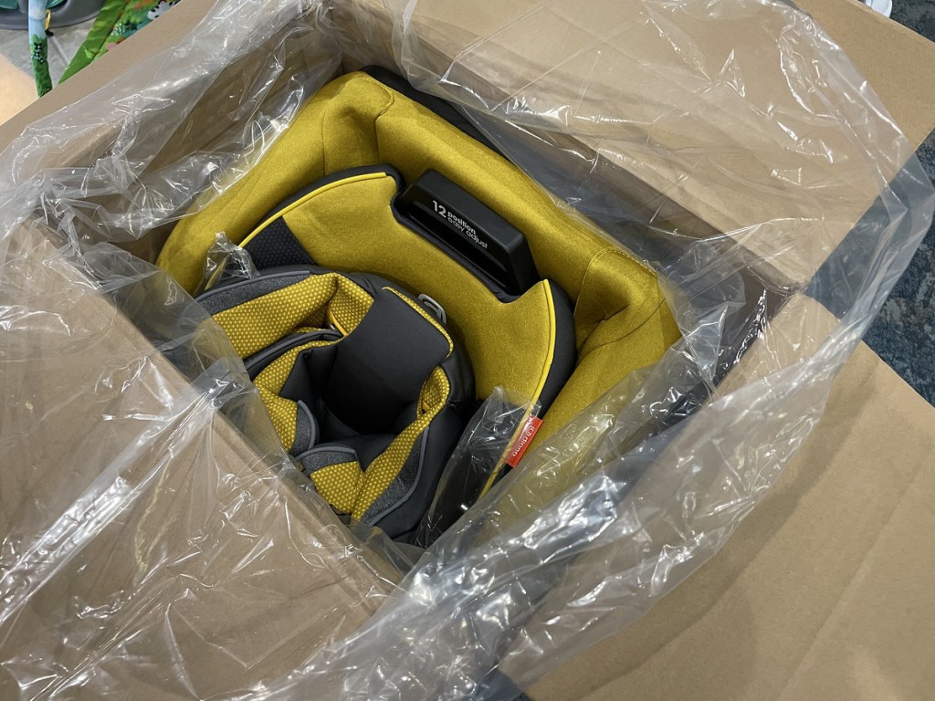 top view of baby car seat in box