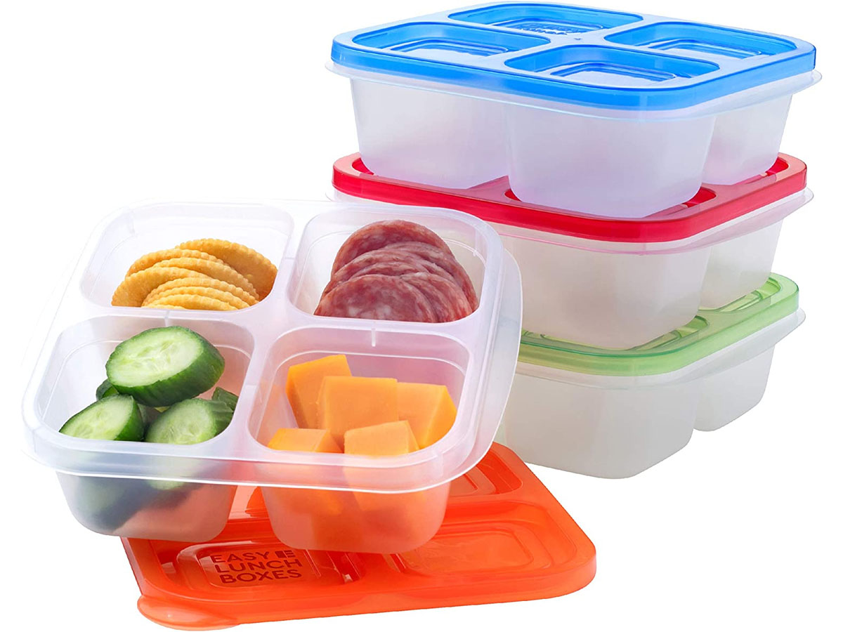 4 easylunch bento boxes with red, blue and green lids