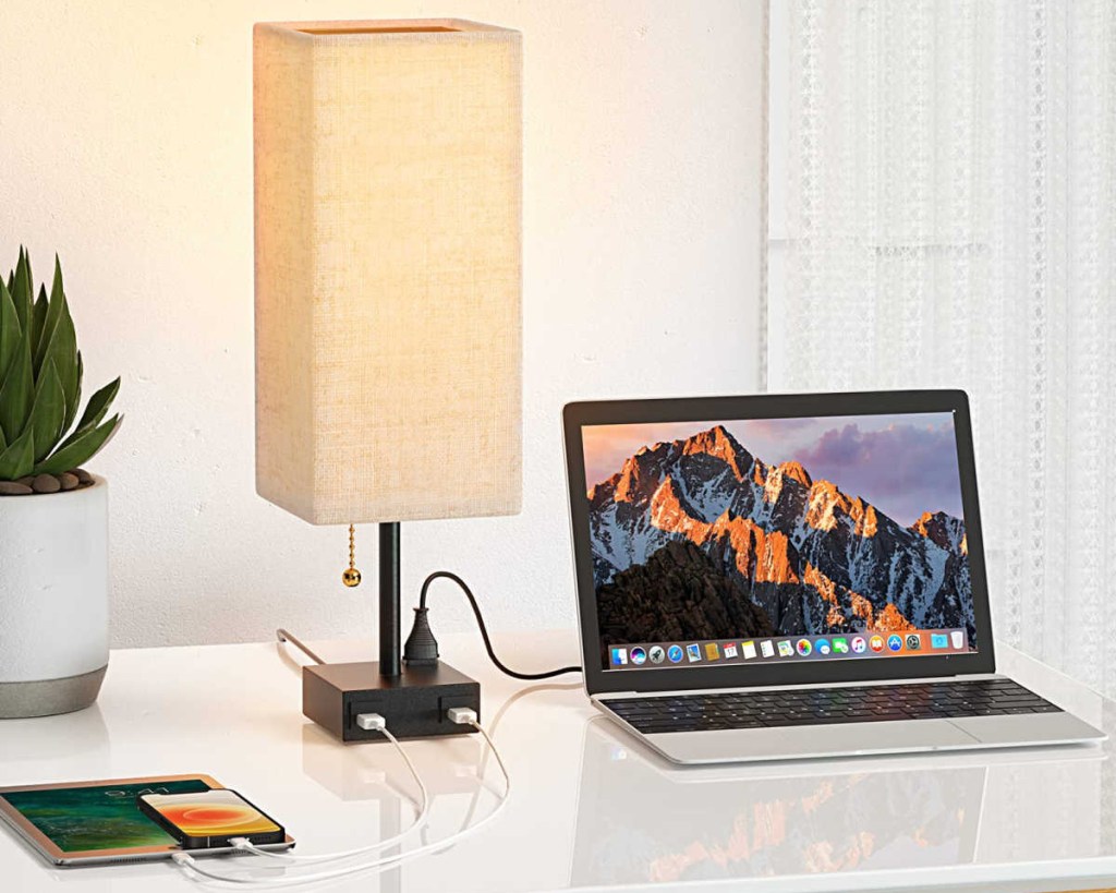 fabric lamp w: USB and devices plugged in