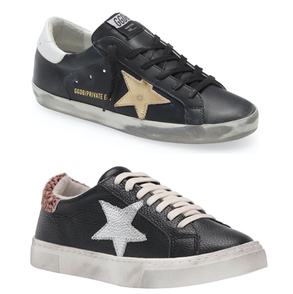 two black golden goose sneakers dupe with white background