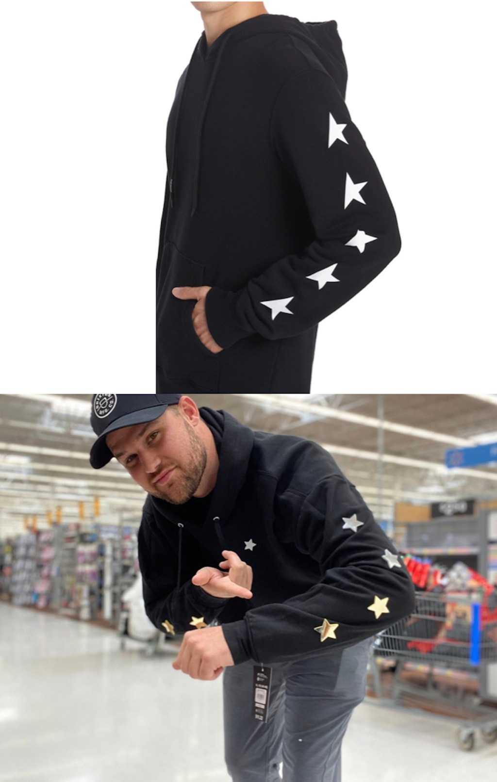 comparison of black star hoodies on man