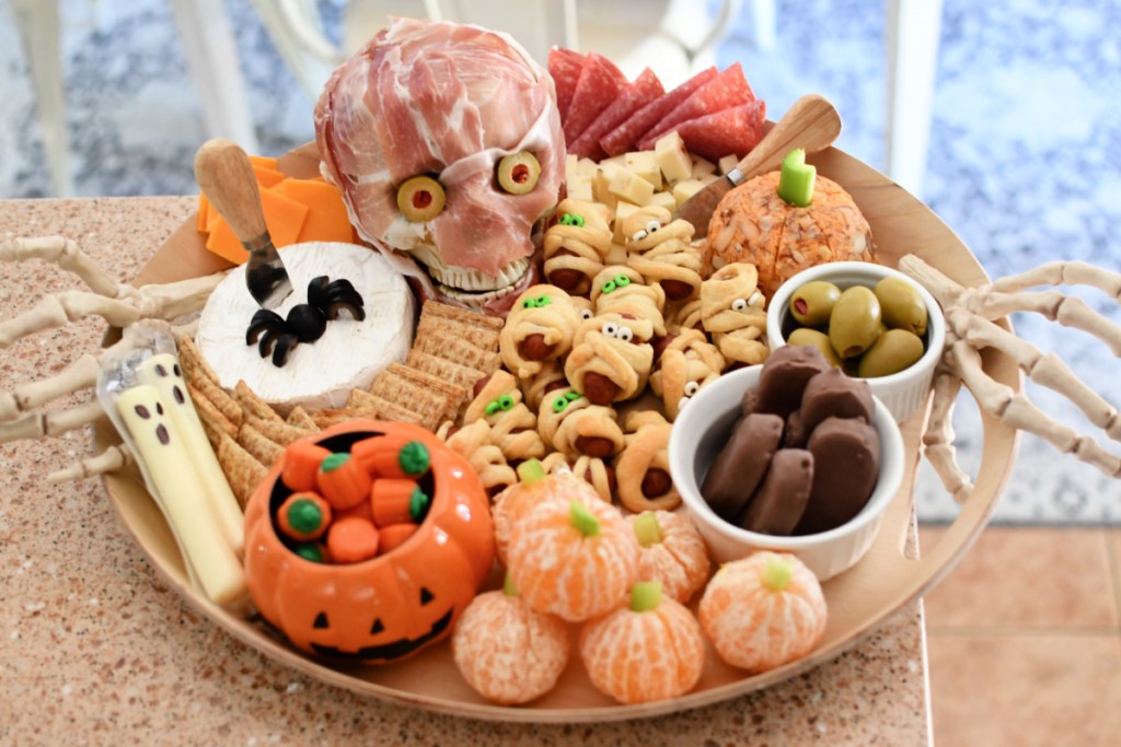 halloween snack board with meat skull