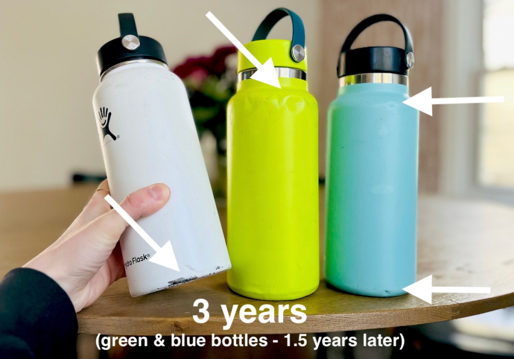 arrows pointing to hydro flask dents and scratches with 3 year update