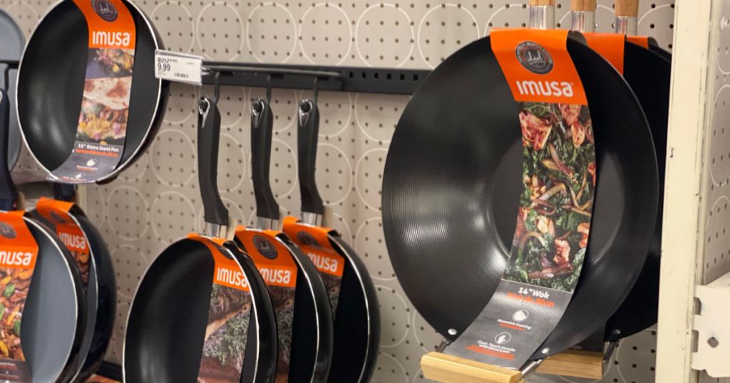 black woks on shelf 