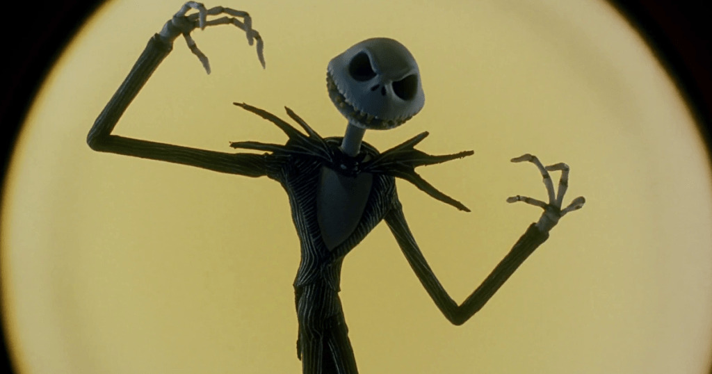 animated skeleton with suit on in front of the moon