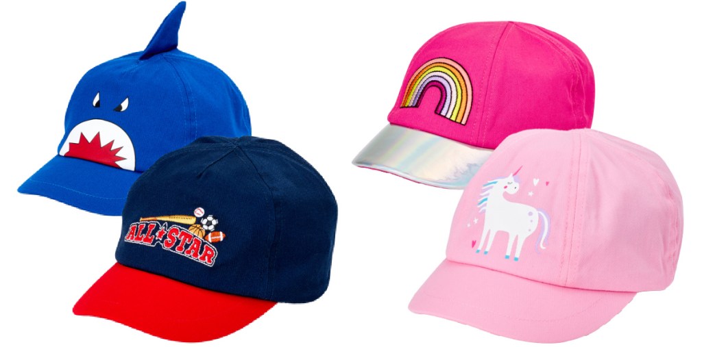 shark, baseball, rainbow, and unicorn kids hats