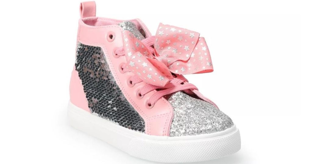 pink and silver sequen girls shoes with a bow