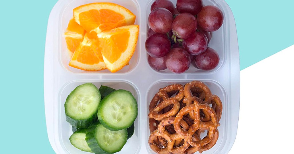 easylunch bento box container with oranges, grapes, cucumbers and pretzels