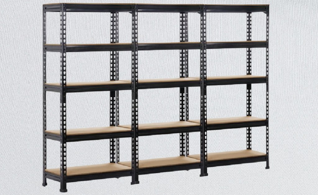 black and wood smetal storage shelf