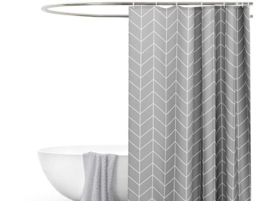 gray and white shower curtain