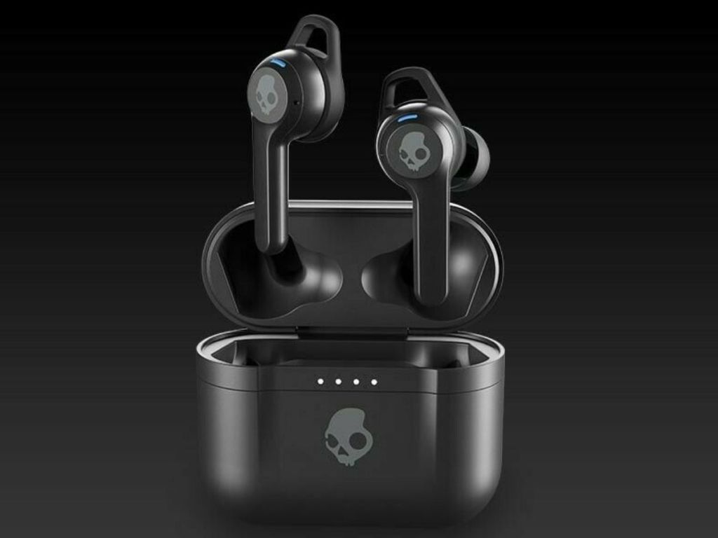 Skullcandy charging case and earbuds with black background