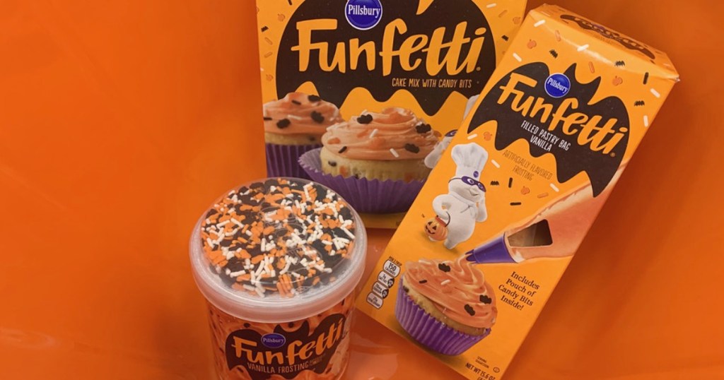 Halloween Funfetti products inside orange bucket