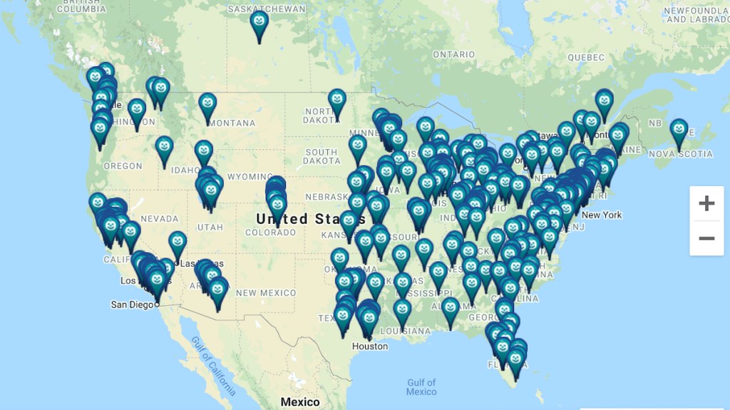 map of the united states with teal blue pumpkin pins all over country
