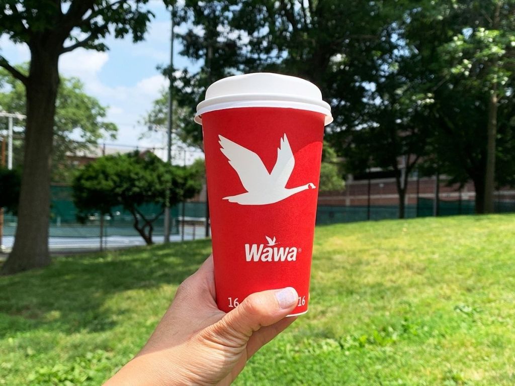 hand holding Wawa coffee cup