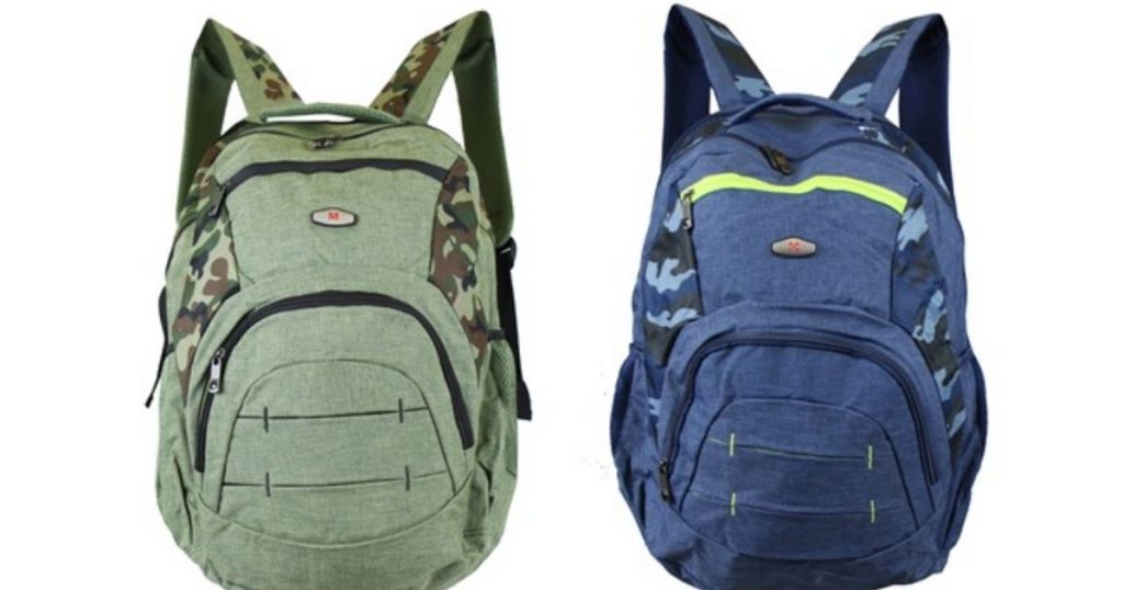 green and blue camo backpacks