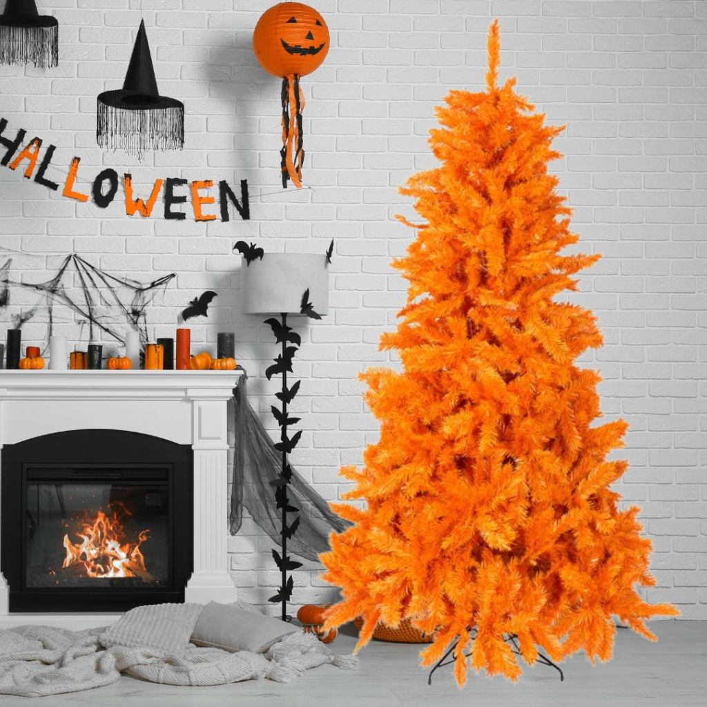 Orange Christmas Tree shown in living room decorated for Halloween