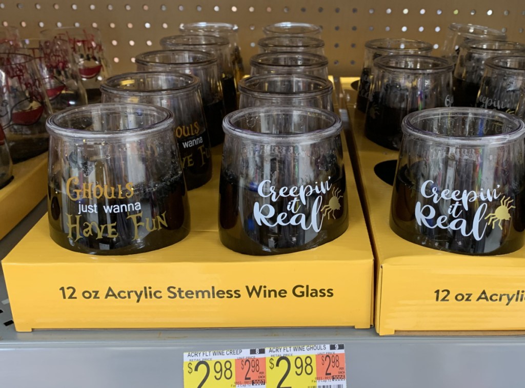 Acrylic Stemless 12oz Wine Glasses on display in-store