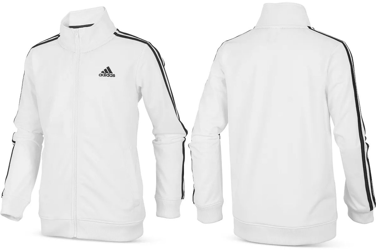 front and back of white adidas zip front tricot jacket