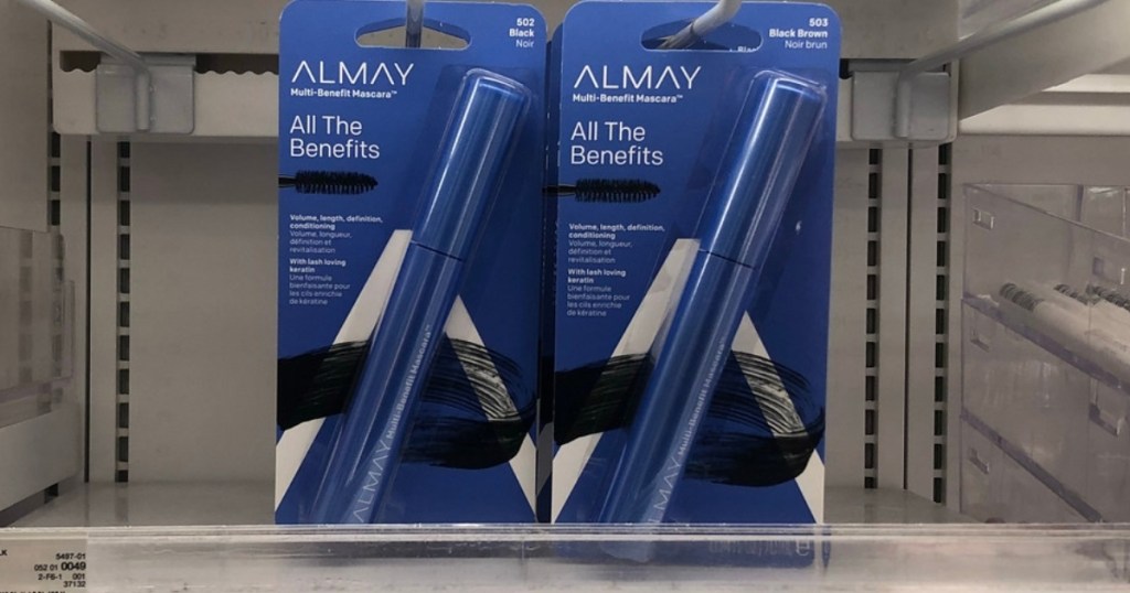 two packages of blue mascara on shelf 