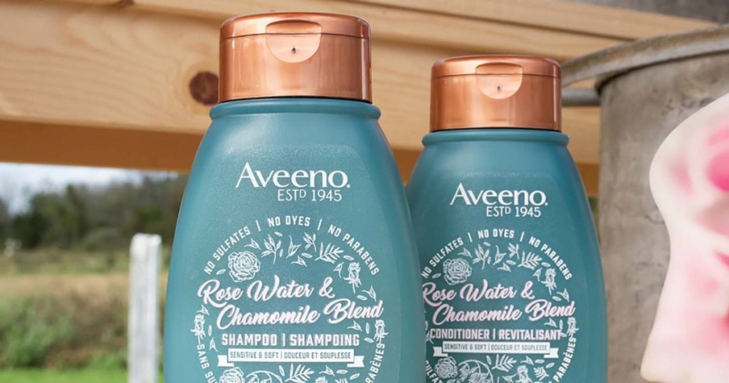Aveeno Rose Water & Chamomile Shampoo and Conditioner bottles
