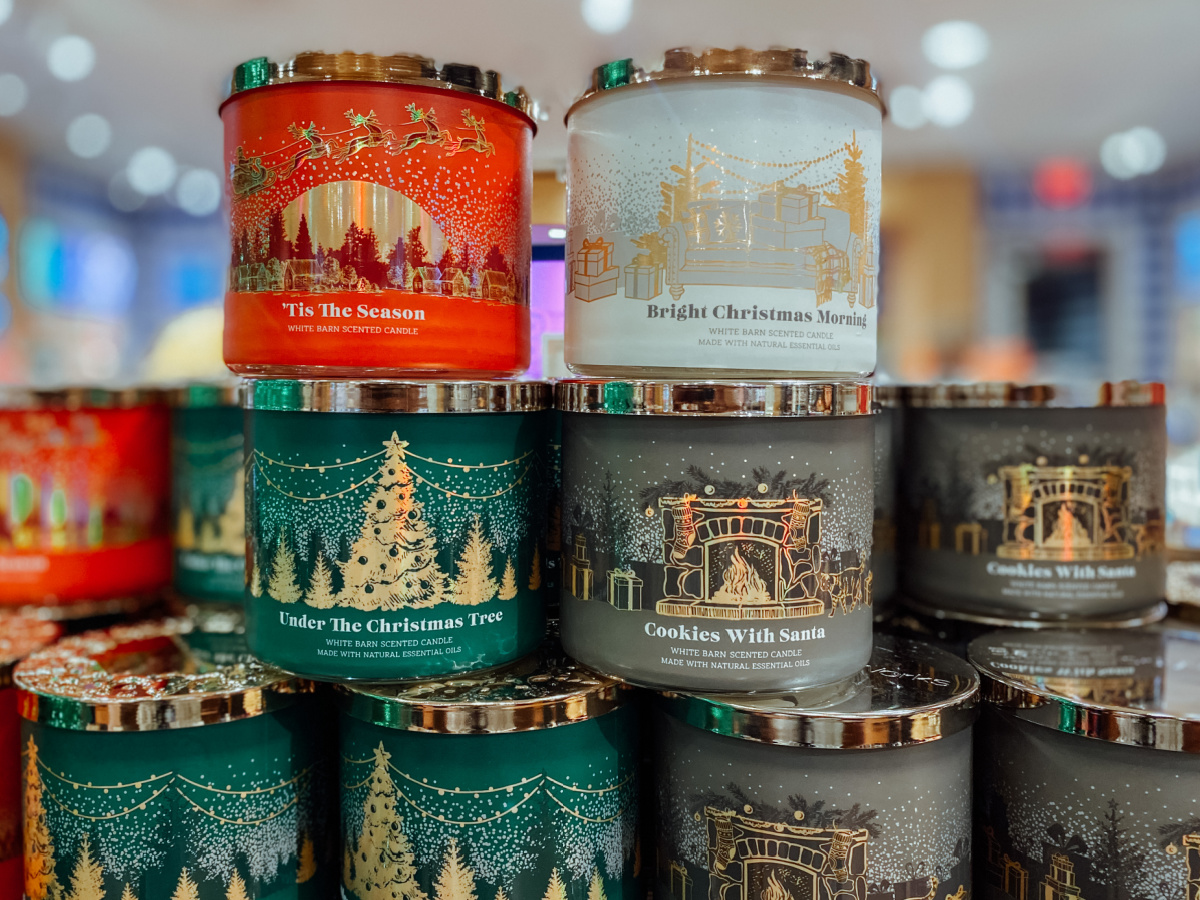 large in store display of stacked Bath Body Works Christmas Candles