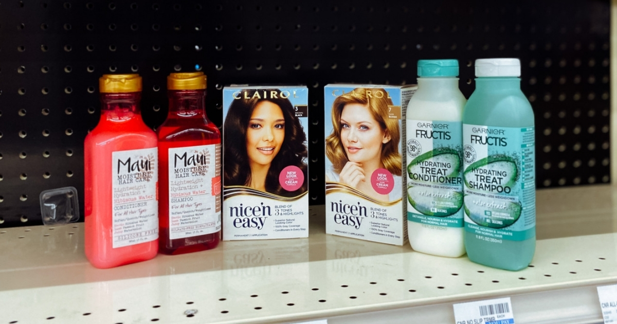 maui, clariol, and garnier hair care products on store shelf