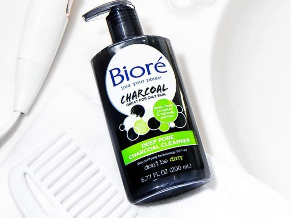 biore deep pore charcoal cleanser in bathroom