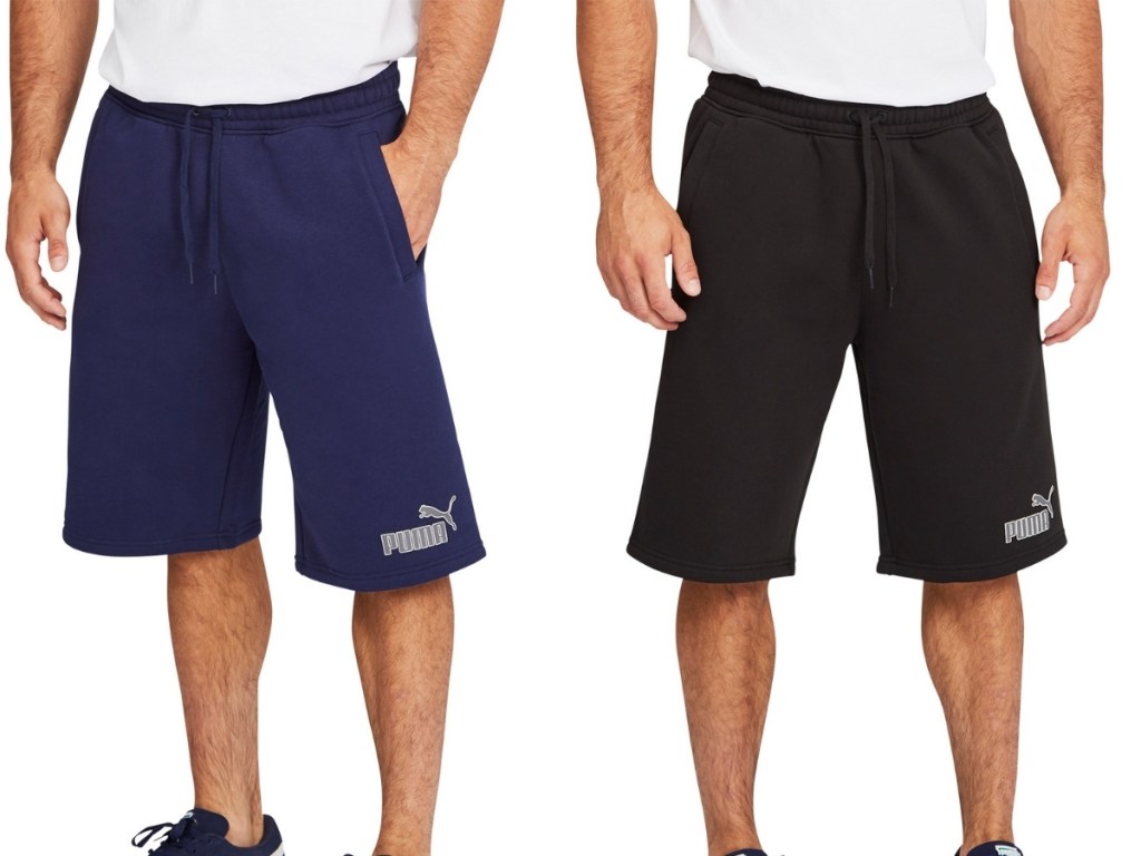 men modeling blue and black pair of men's puma fleece shorts