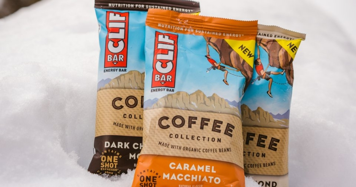 three coffee collection clif bars in snow