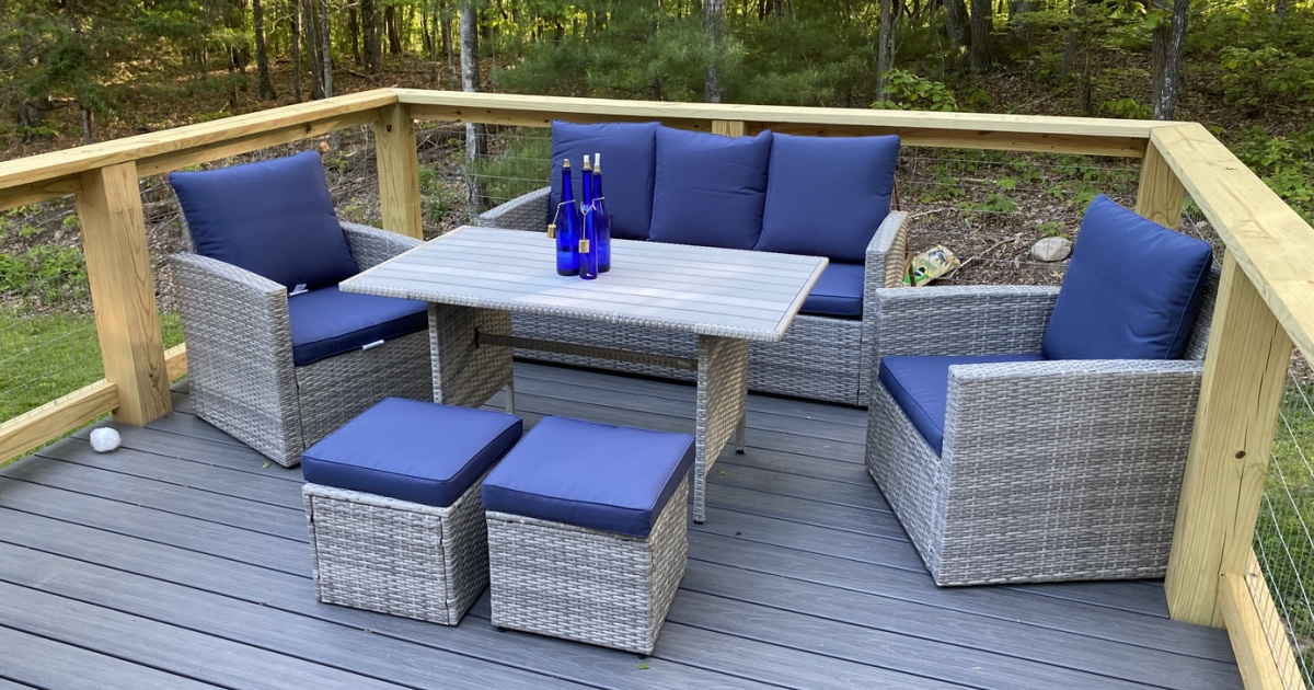 blue patio set on a deck