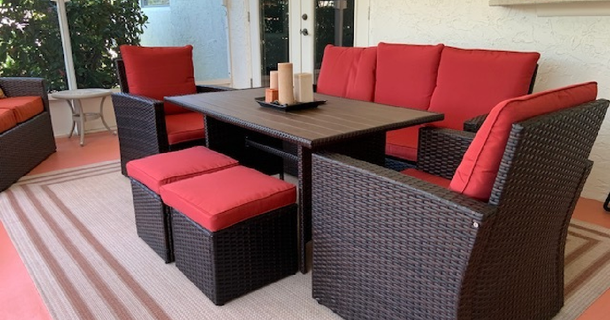 red patio set on a porch