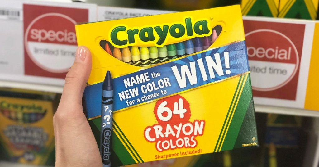 holding box of crayola crayons