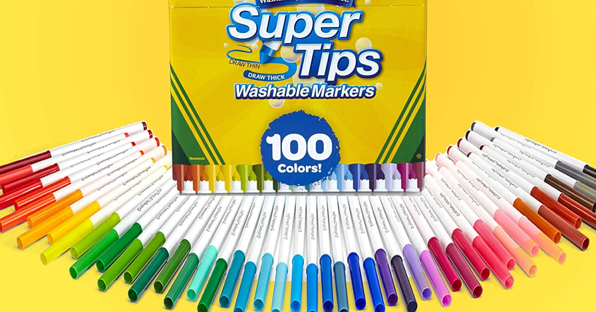 stock image of Crayola Super Tips Washable Markers in and out of package