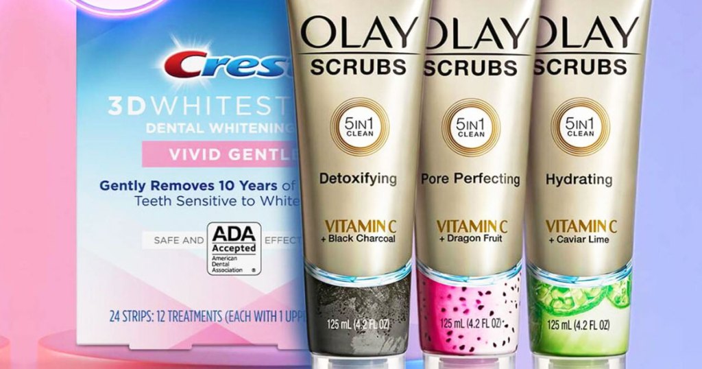 box of crest whitestrips and 3 olay scrubs