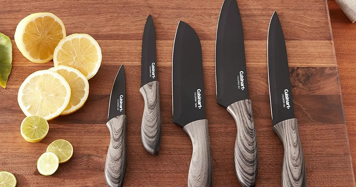 cusinart faux wood 10 piece knife set on cutting board with lemons