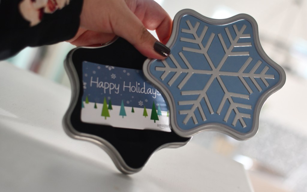 amazon gift card in snow flake tin