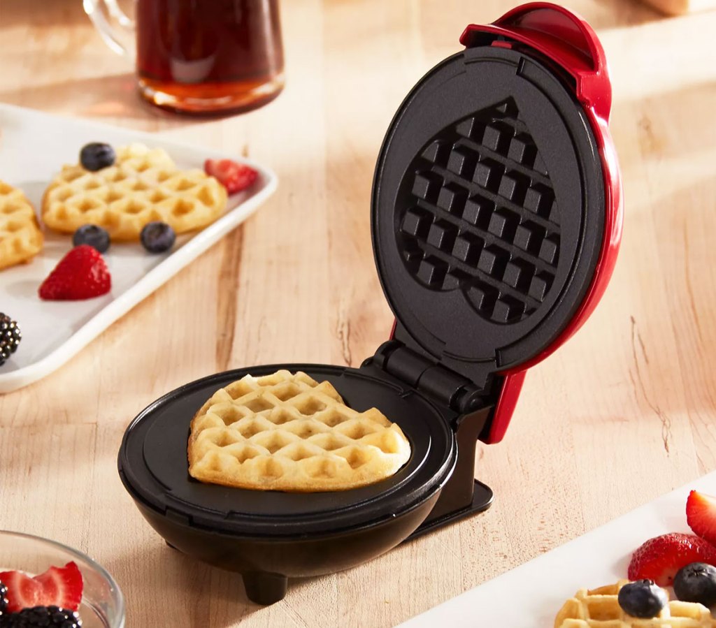 mini waffle maker making heart shaped waffle
