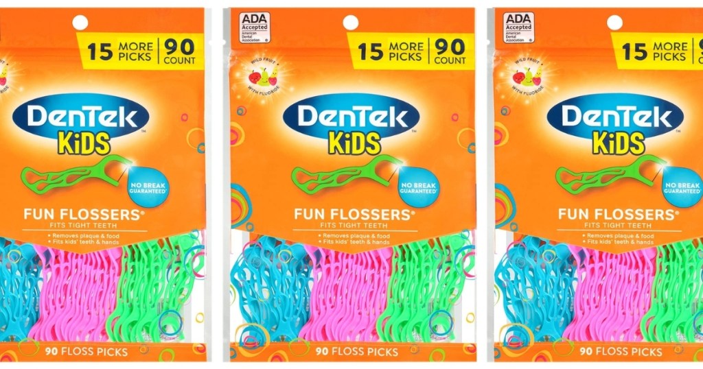 stock image of 3 bags of dentek kids fun flossers