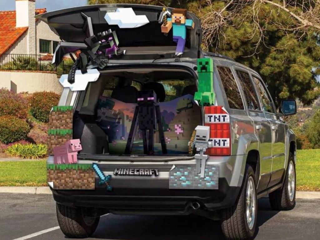 SUV trunk decorated with a Disguise Trunk or Treat Kit featuring Minecraft