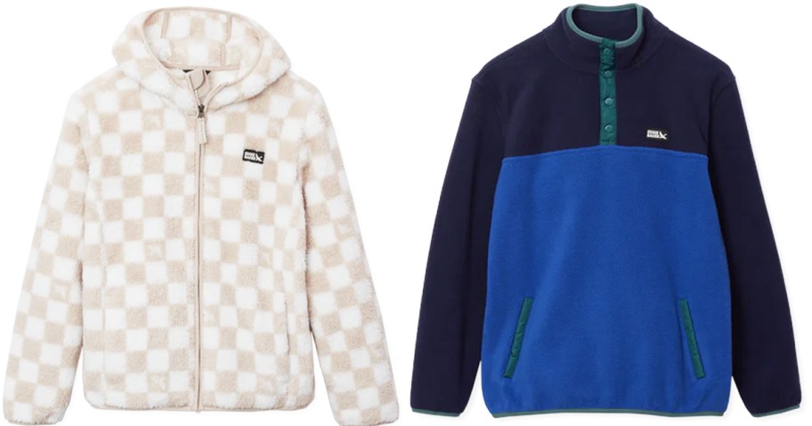 white and tan checkered print and blue colorblock fleece jackets