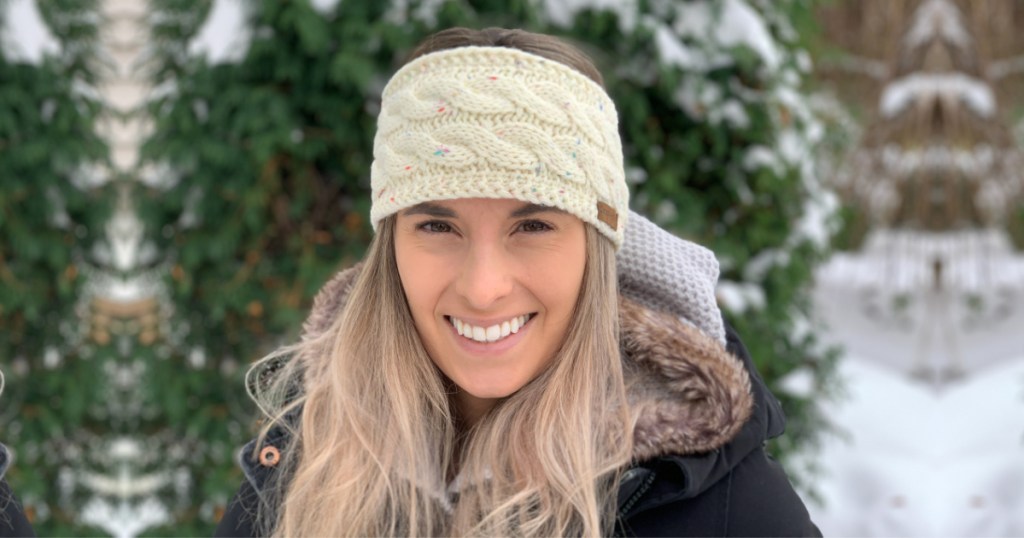 woman wearing white knit headband