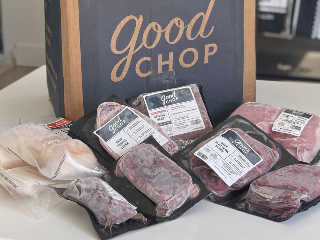 Frozen meat in front of Good Chop Box