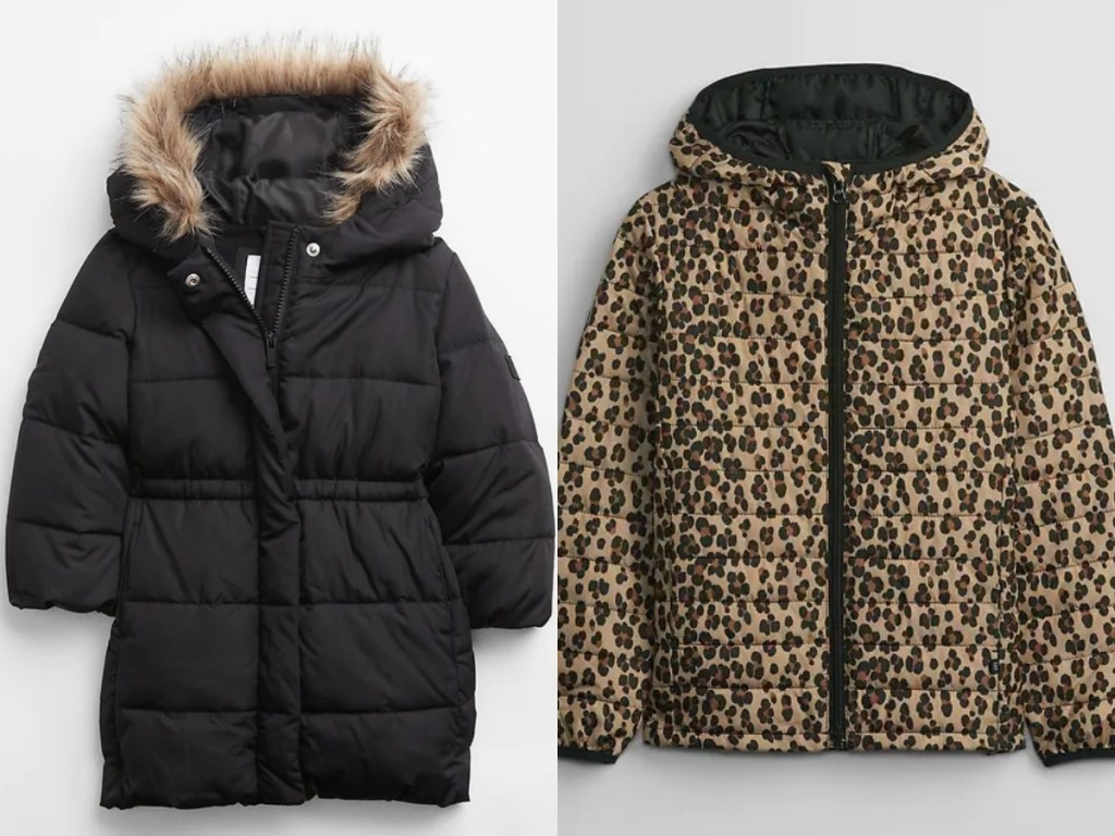 gap black puffer coat and cheetah print puffer coat